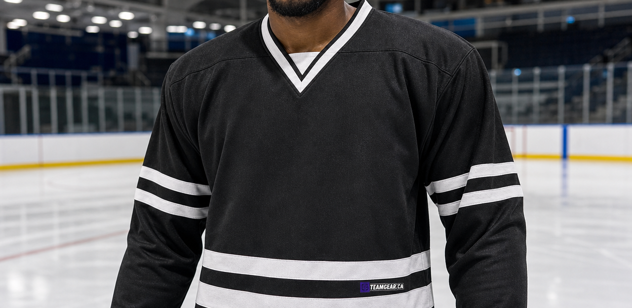 House League Hockey Jersey Black/White — custom hockey jersey worn on model — TeamGear Canada