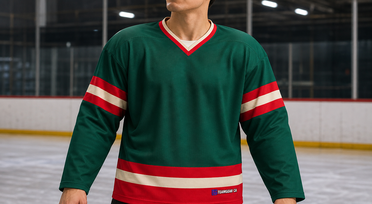 House League Hockey Jersey Forest Green/Red/Wheat — custom hockey jersey worn on model — TeamGear Canada