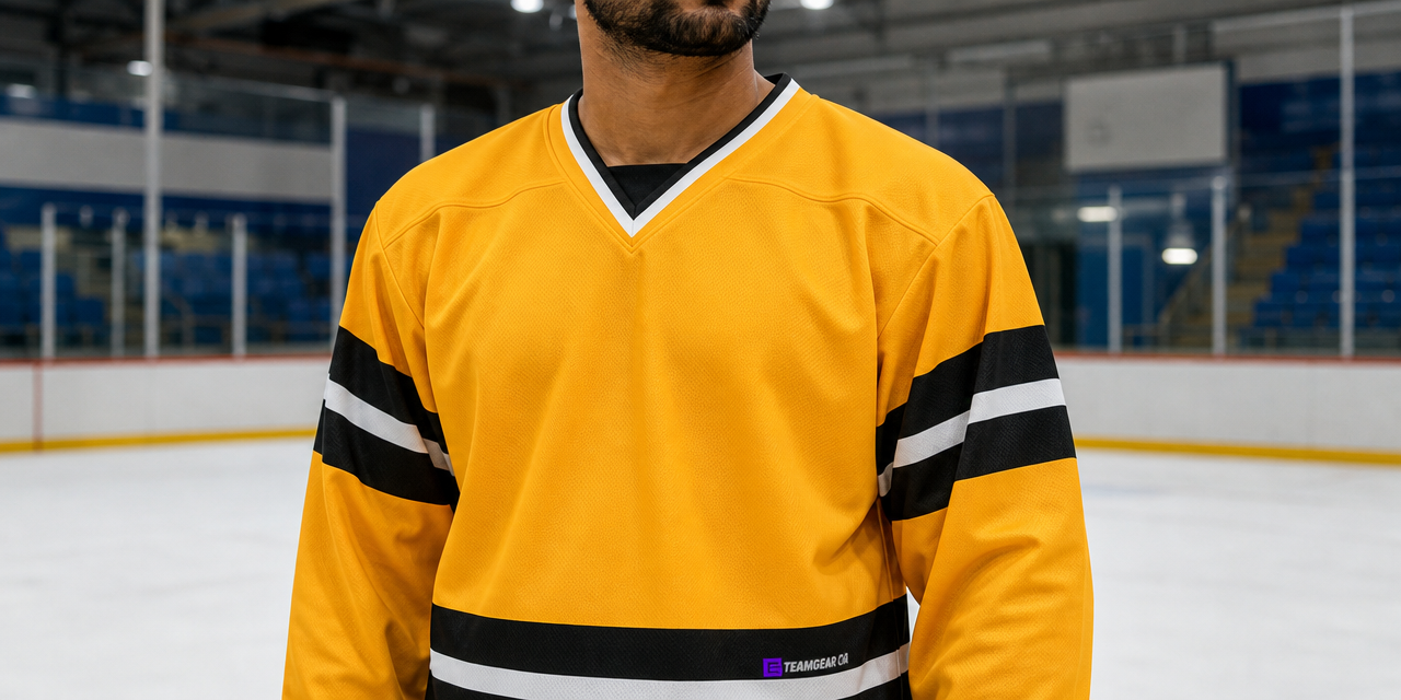 House League Hockey Jersey Gold/Black/White — custom hockey jersey worn on model — TeamGear Canada