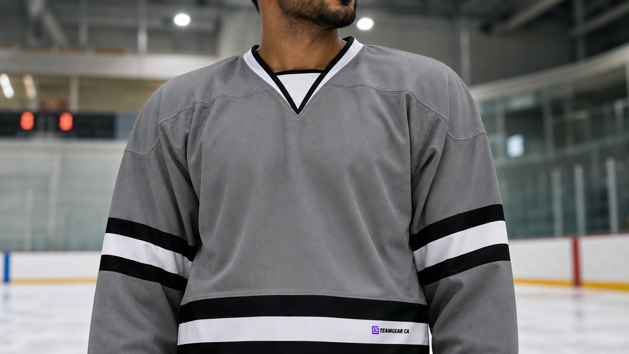 House League Hockey Jersey Grey/Black/White — custom hockey jersey worn on model — TeamGear Canada