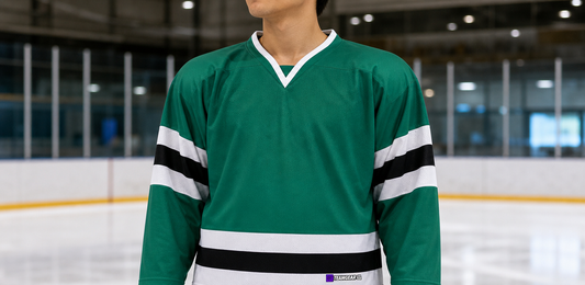 House League Hockey Jersey Kelly Green/White/Black — custom hockey jersey worn on model — TeamGear Canada