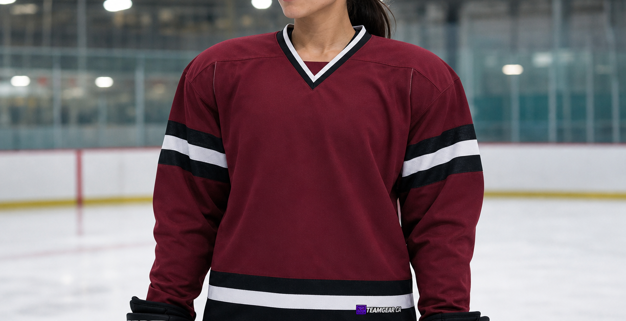 House League Hockey Jersey Maroon/Black/White — custom hockey jersey worn on model — TeamGear Canada