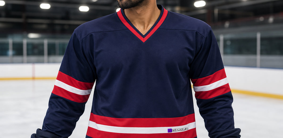 House League Hockey Jersey Navy/Red/White — custom hockey jersey worn on model — TeamGear Canada