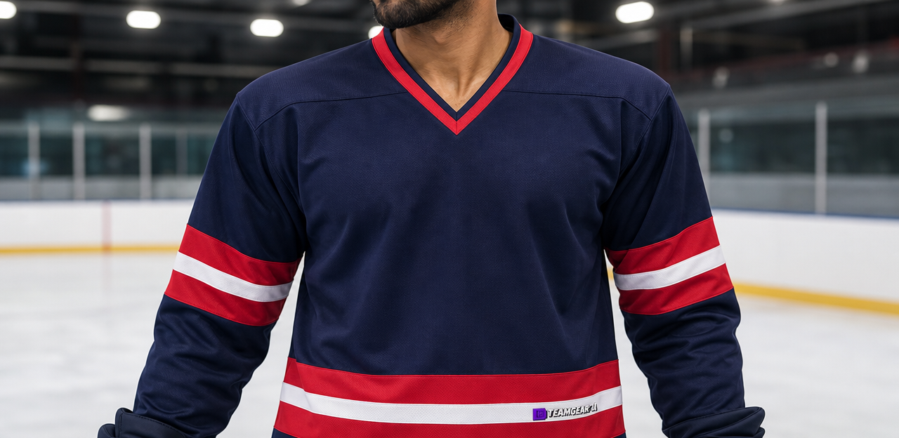 House League Hockey Jersey Navy/Red/White — custom hockey jersey worn on model — TeamGear Canada