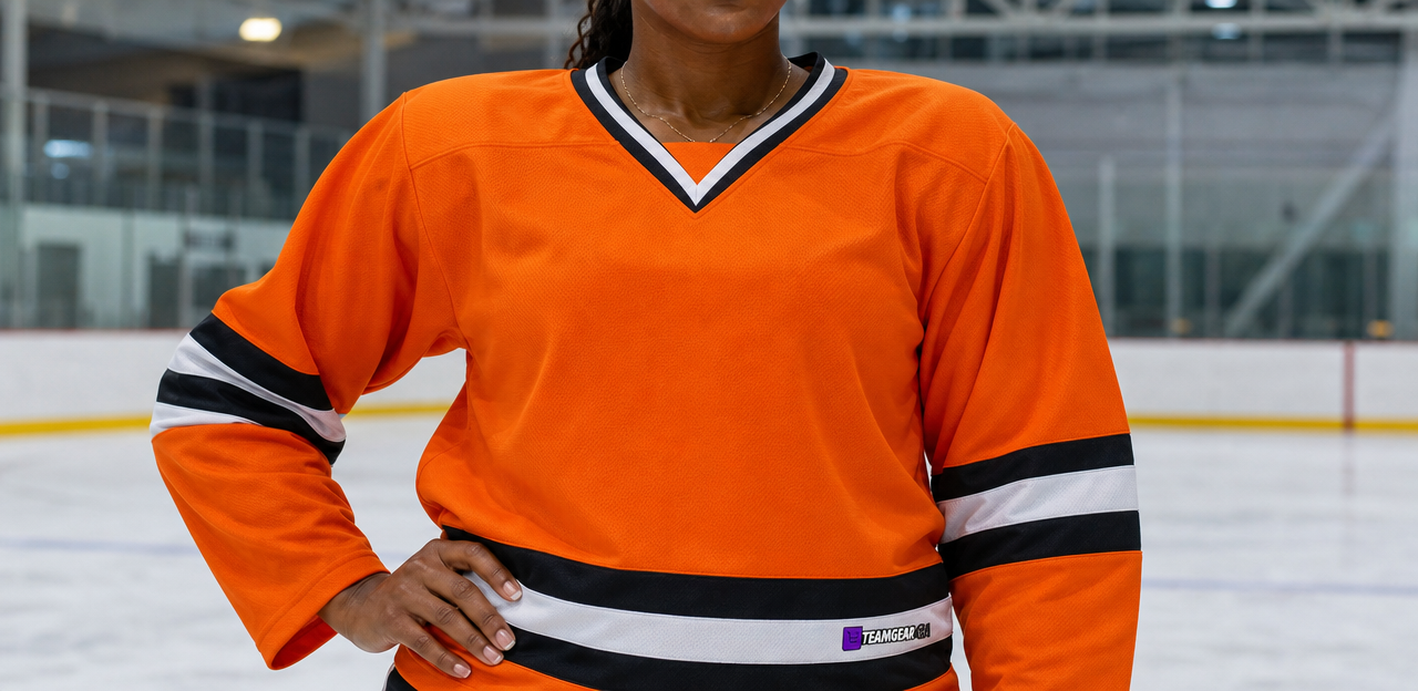 House League Hockey Jersey Orange/Black/White — custom hockey jersey worn on model — TeamGear Canada