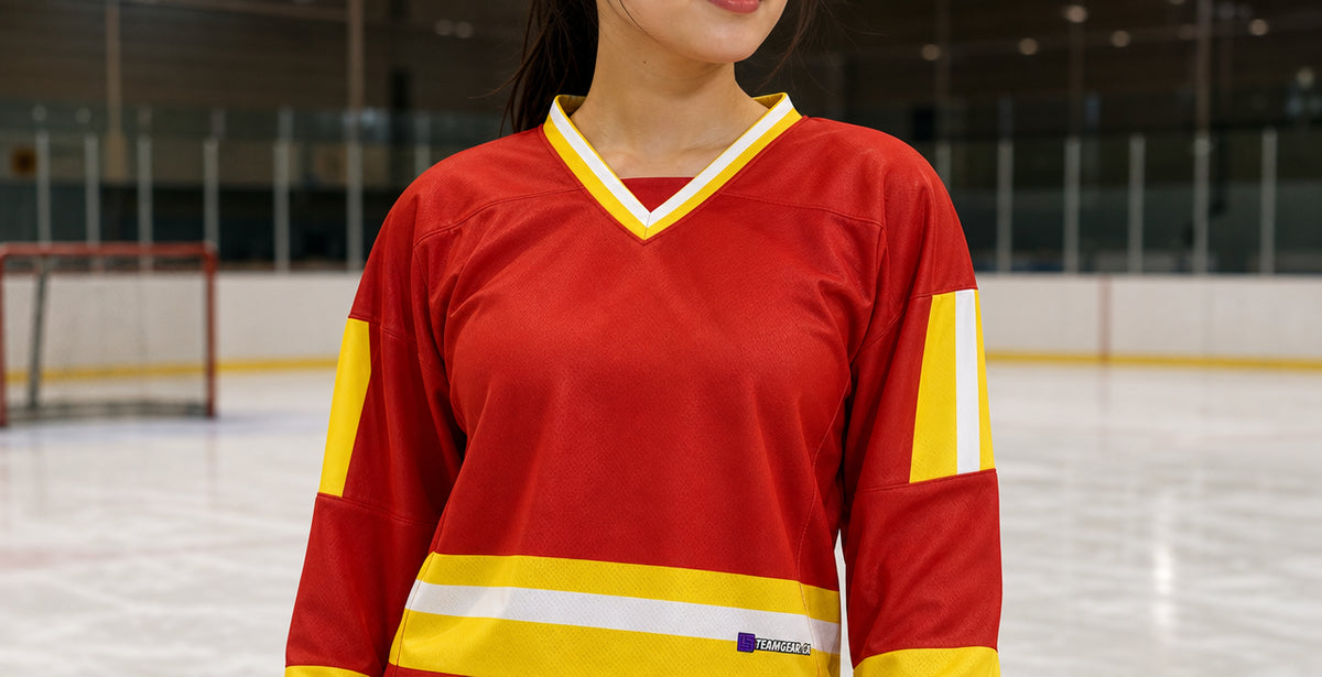 House League Hockey Jersey Red/Gold/White — custom hockey jersey worn on model — TeamGear Canada