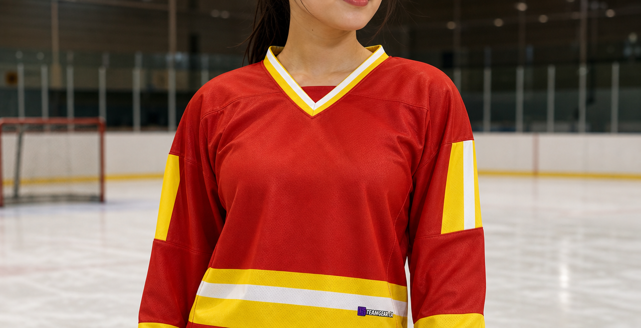 House League Hockey Jersey Red/Gold/White — custom hockey jersey worn on model — TeamGear Canada