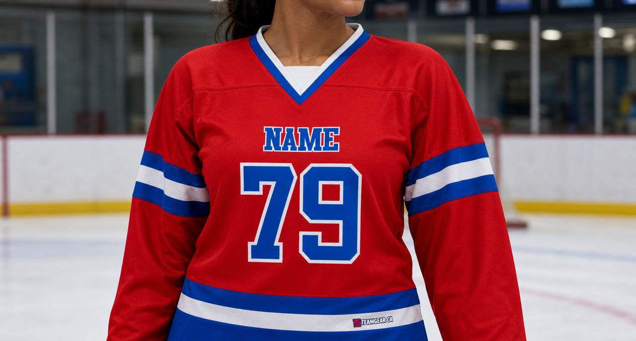 House League Hockey Jersey Red/Royal Blue/White — custom hockey jersey worn on model — TeamGear Canada