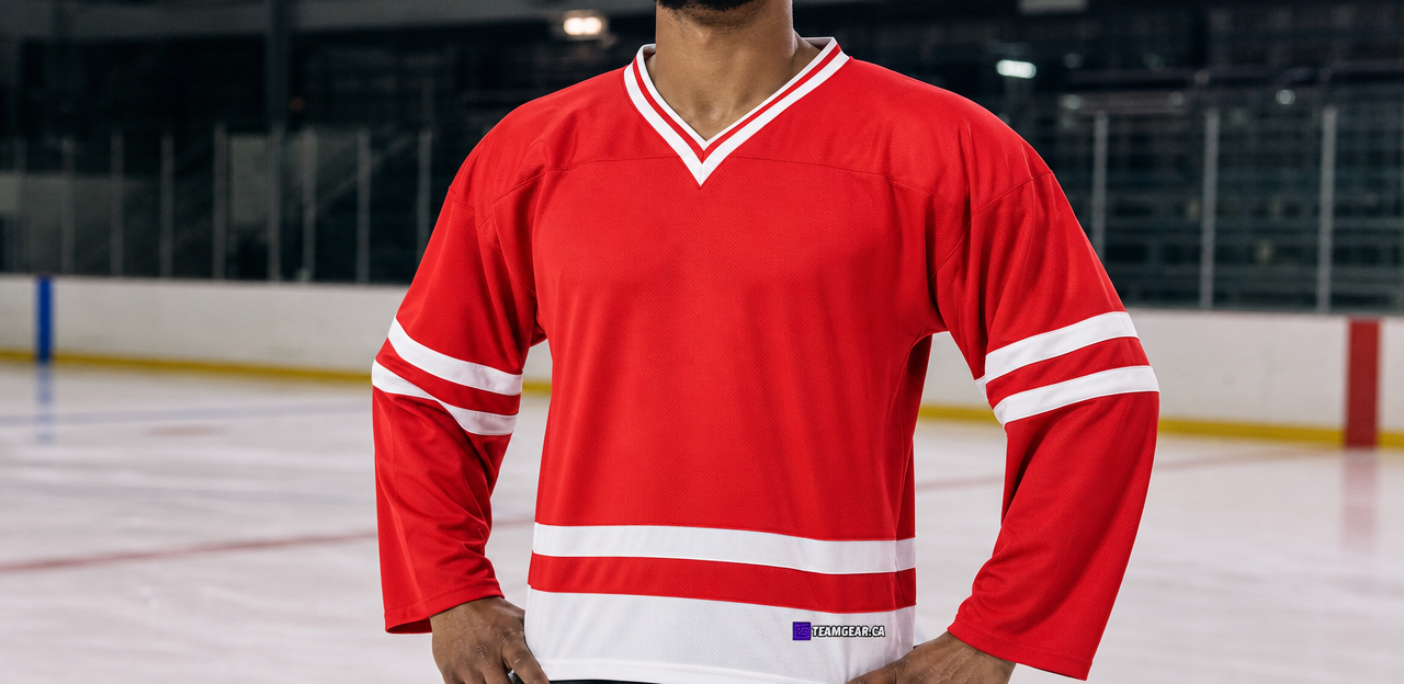 House League Hockey Jersey Red/White — custom hockey jersey worn on model — TeamGear Canada
