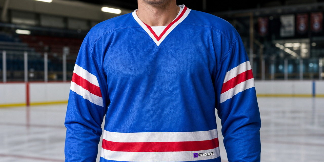 House League Hockey Jersey Royal Blue/White/Red — custom hockey jersey worn on model — TeamGear Canada