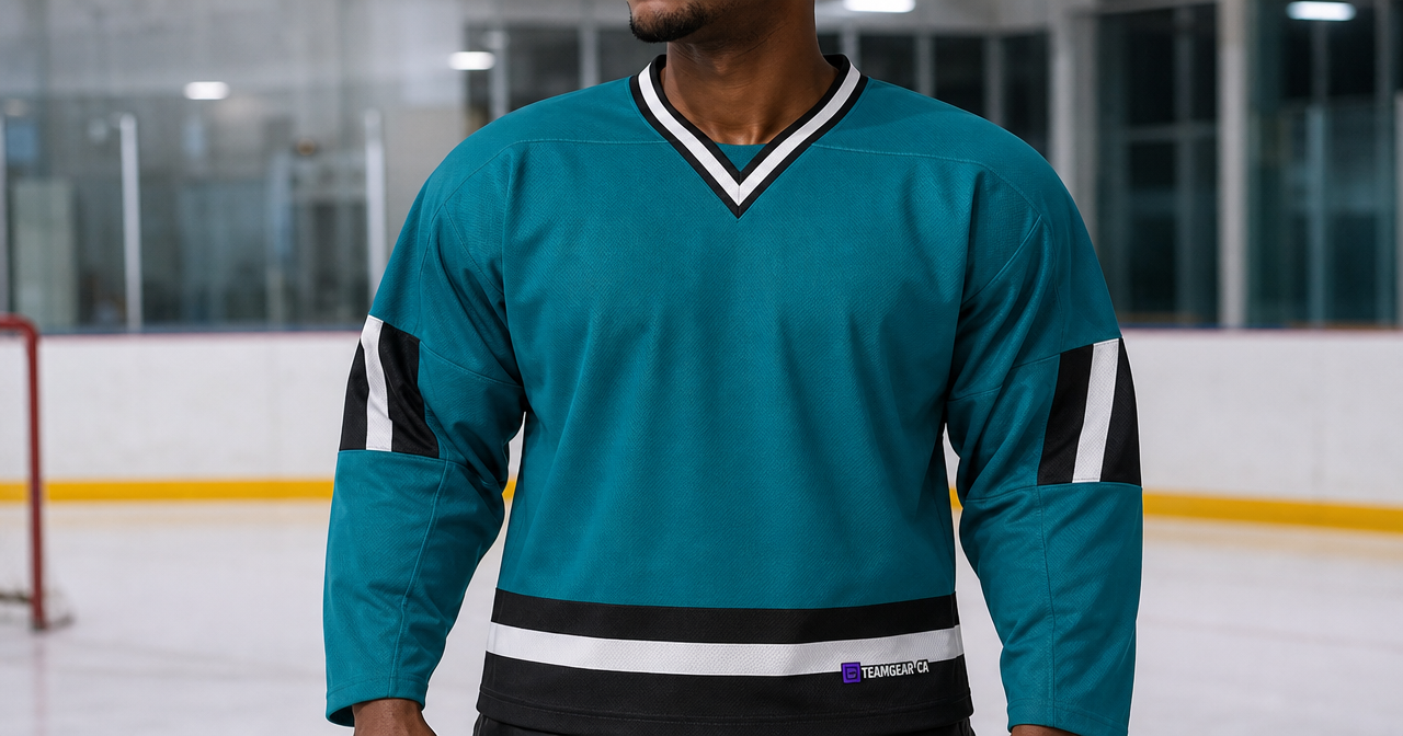House League Hockey Jersey Teal/Black/White — custom hockey jersey worn on model — TeamGear Canada
