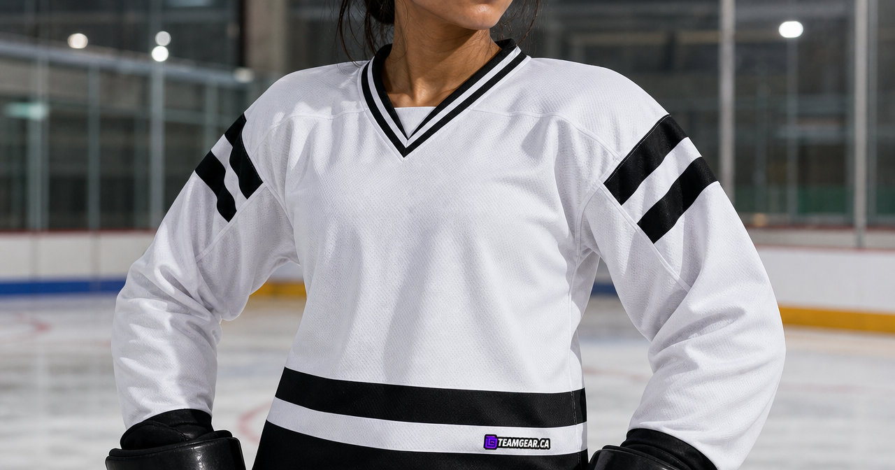 House League Hockey Jersey White/Black — custom hockey jersey worn on model — TeamGear Canada