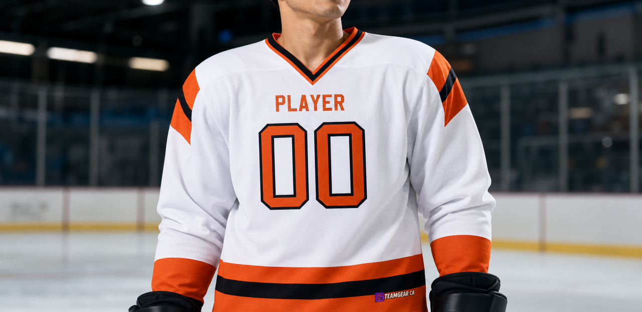 House League Hockey Jersey White/Bright Orange/Black — custom hockey jersey worn on model — TeamGear Canada