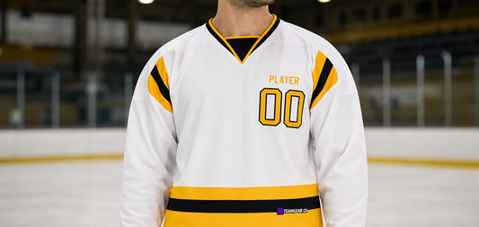 House League Hockey Jersey White/Gold/Black — custom hockey jersey worn on model — TeamGear Canada