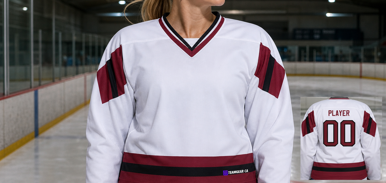 House League Hockey Jersey White/Maroon/Black — custom hockey jersey worn on model — TeamGear Canada