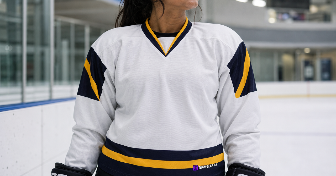House League Hockey Jersey White/Navy/Gold — custom hockey jersey worn on model — TeamGear Canada