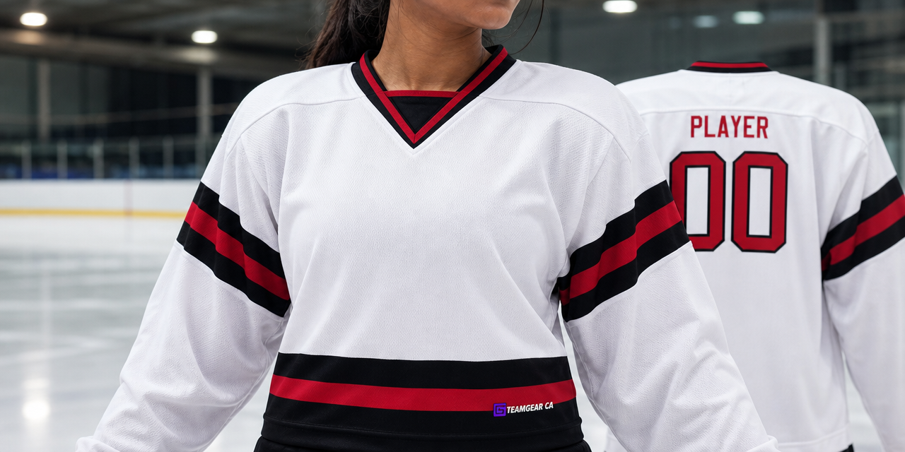 House League Hockey Jersey White/Navy/Red — custom hockey jersey worn on model — TeamGear Canada