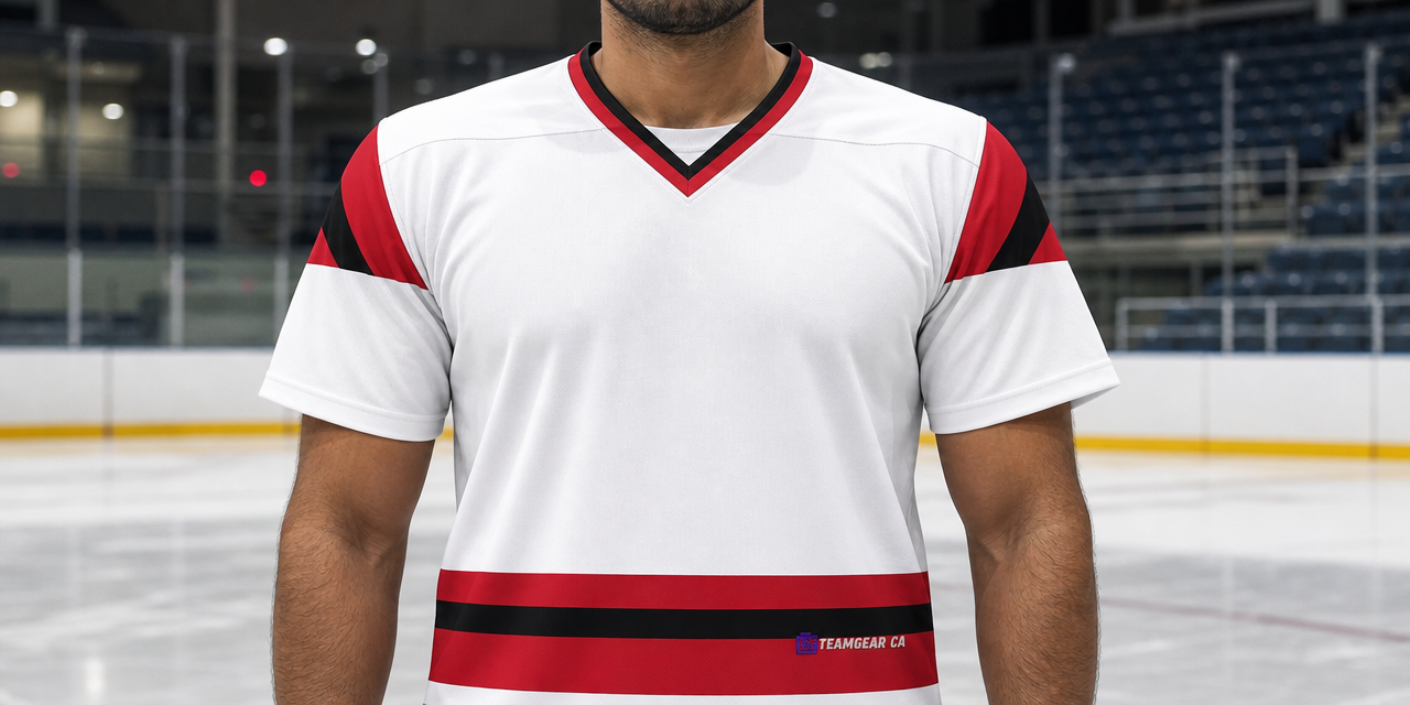 House League Hockey Jersey White/Red/Black — custom hockey jersey worn on model — TeamGear Canada