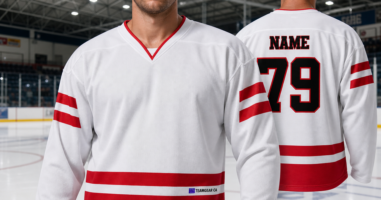 House League Hockey Jersey White/Red — custom hockey jersey worn on model — TeamGear Canada