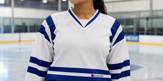 House League Hockey Jersey White/Royal Blue — custom hockey jersey worn on model — TeamGear Canada