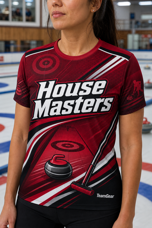 House Masters Crimson Curling Jersey — custom curling jersey worn on model — TeamGear Canada