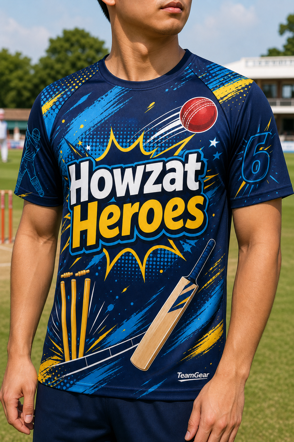 Howzat Heroes Navy Cricket Jersey — custom cricket jersey worn on model — TeamGear Canada