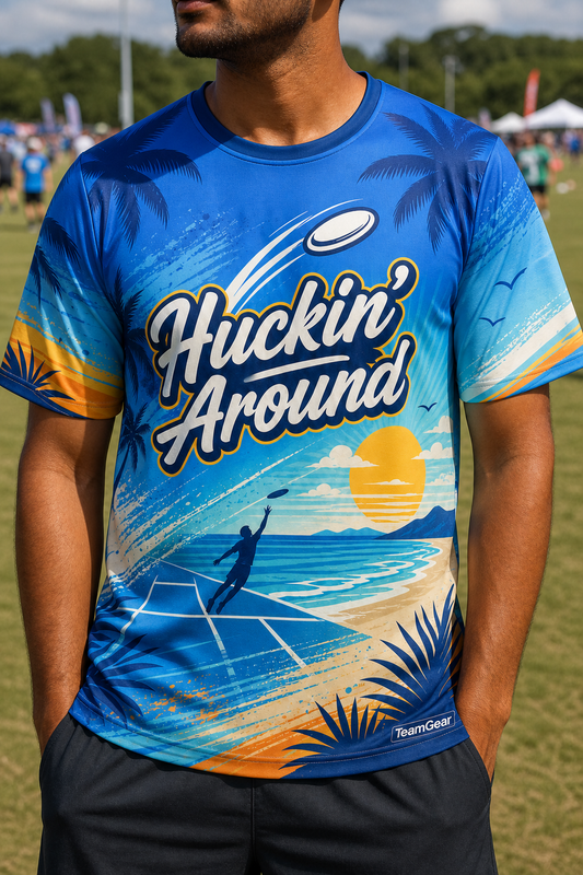 Huckin' Around Blue Ultimate Frisbee Jersey — custom ultimate frisbee jersey worn on model — TeamGear Canada