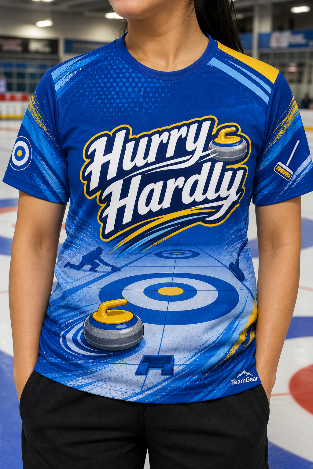 Hurry Hardly Blue Curling Jersey — custom curling jersey worn on model — TeamGear Canada