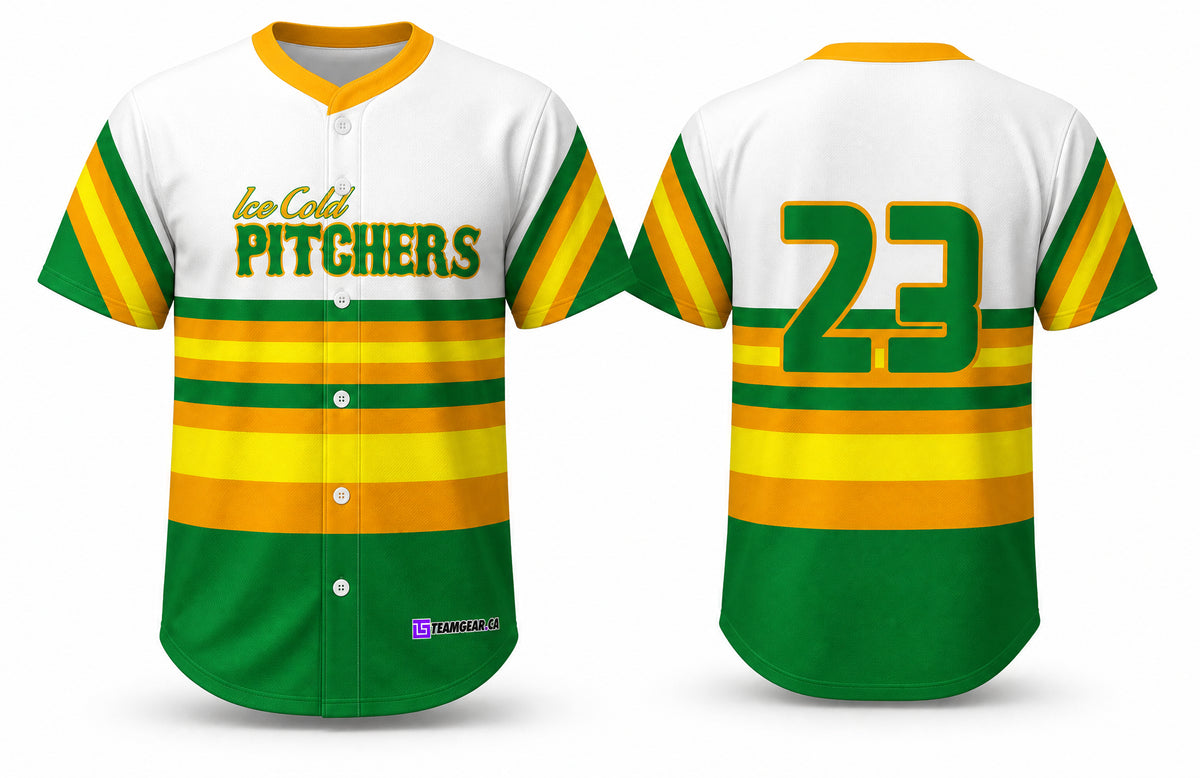Ice Cold Pitchers Baseball Jersey Full Button - front and back view