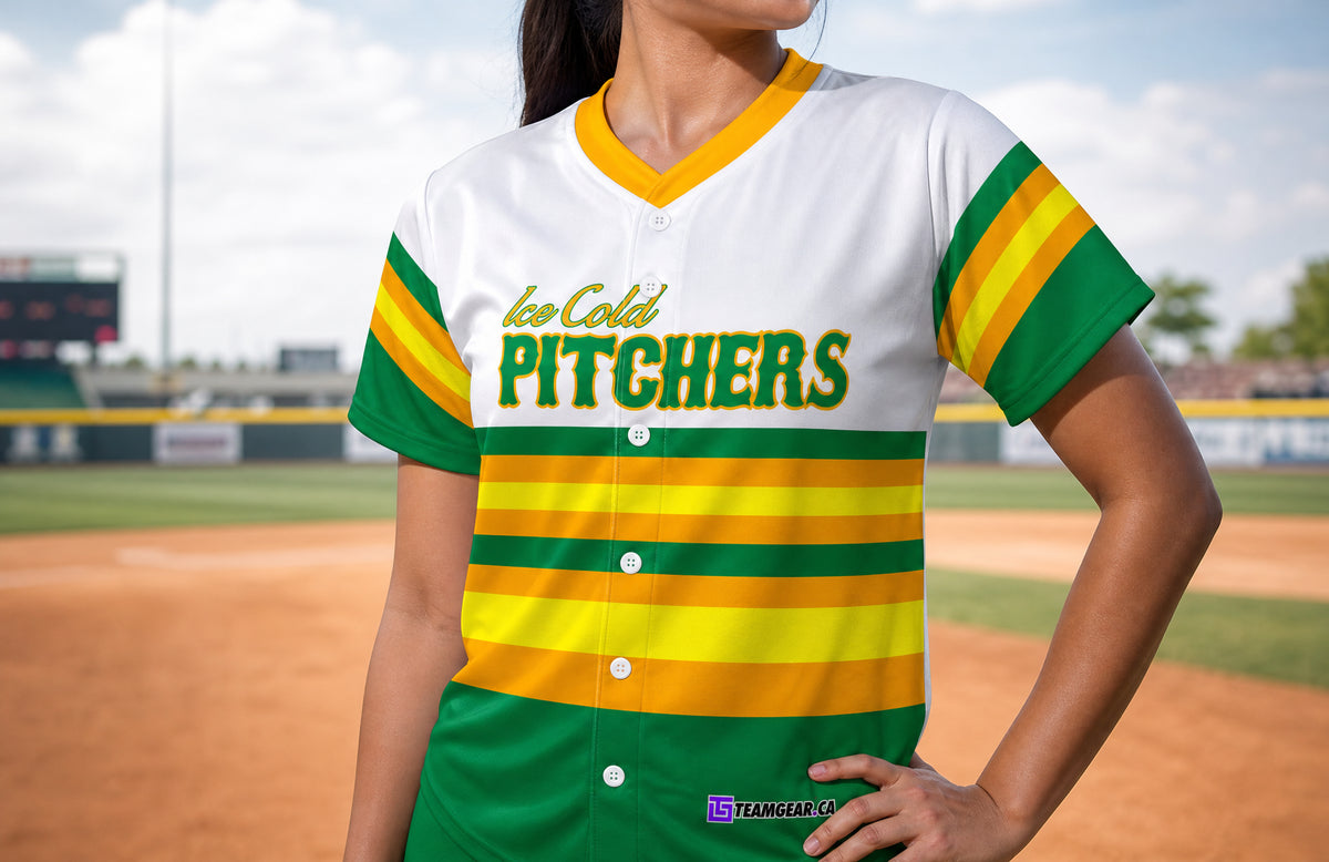 Ice Cold Pitchers Baseball Jersey Full Button — custom baseball jersey worn on model — TeamGear Canada
