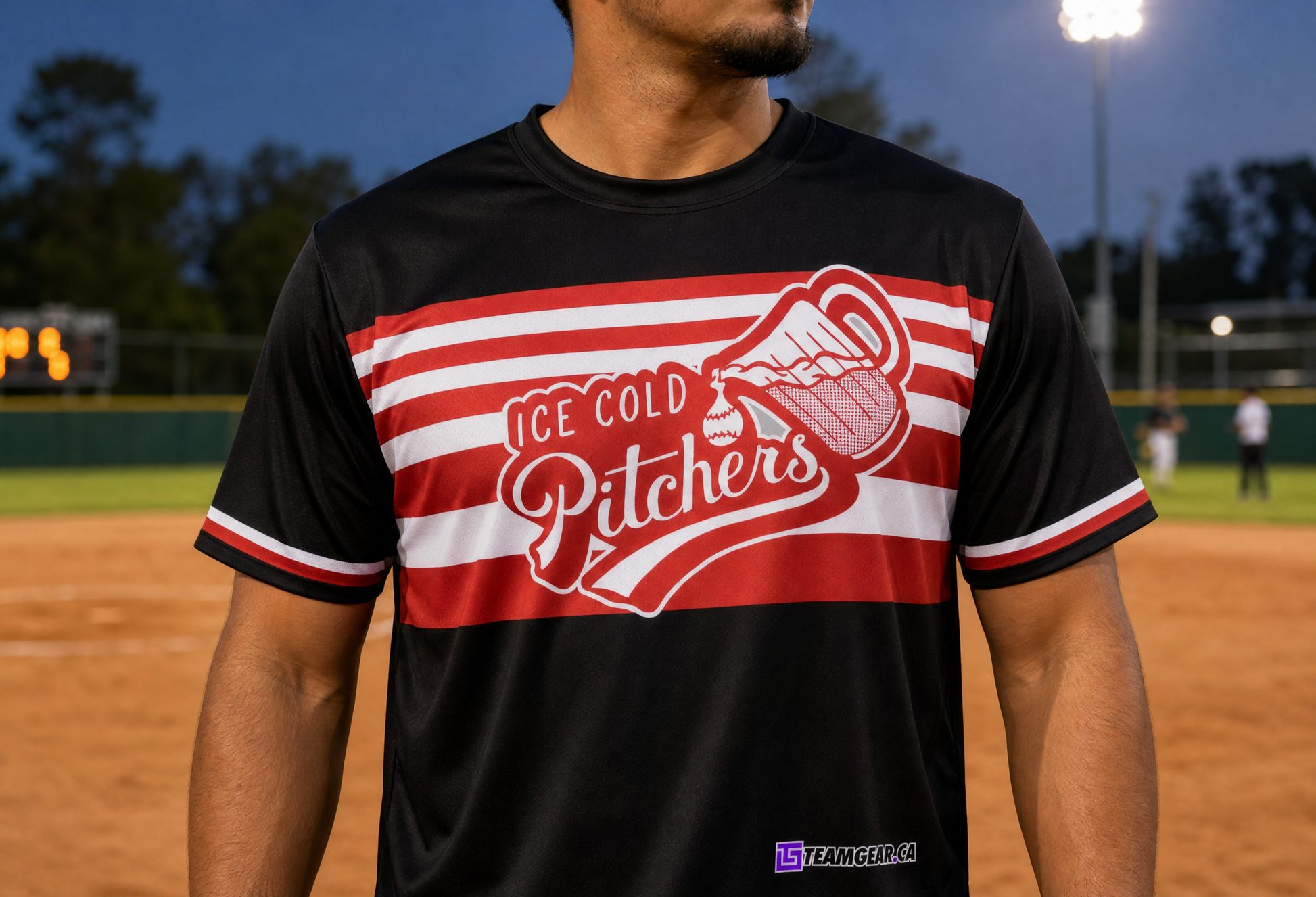 Ice Cold Pitchers Black Softball Jersey — custom softball jersey worn on model — TeamGear Canada