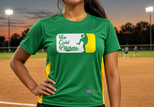 Ice Cold Pitchers Green Softball Jersey — custom softball jersey worn on model — TeamGear Canada