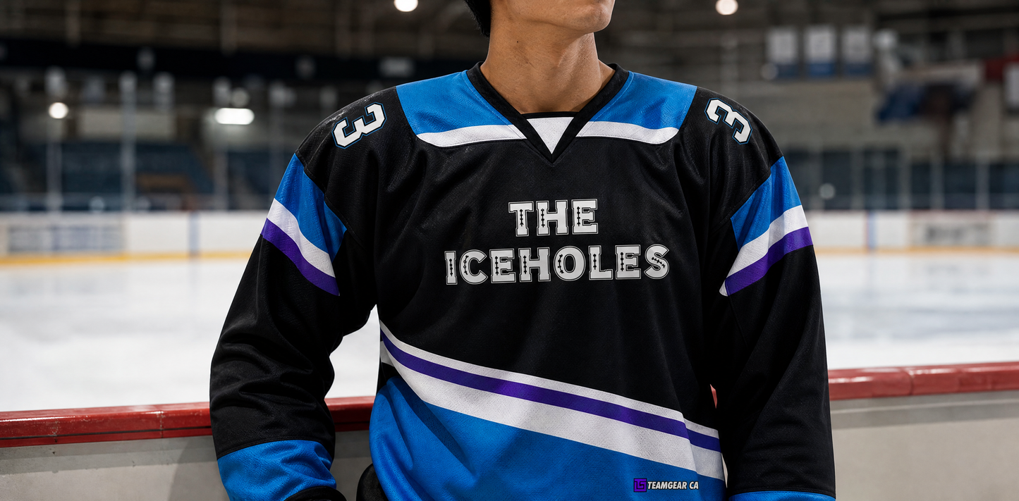 Ice Holes Black and Blue Hockey Jersey — custom hockey jersey worn on model — TeamGear Canada