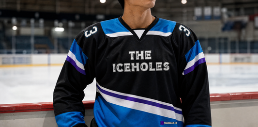 Ice Holes Black and Blue Hockey Jersey — custom hockey jersey worn on model — TeamGear Canada