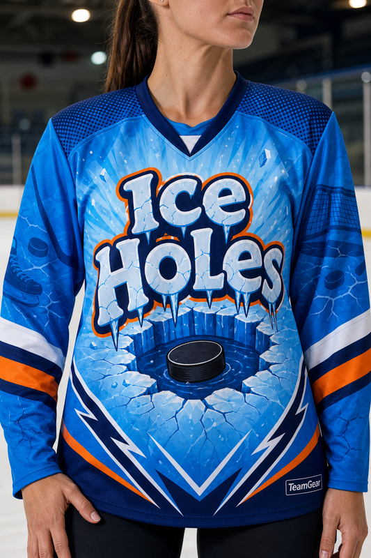 Ice Holes Blue Hockey Jersey — custom hockey jersey worn on model — TeamGear Canada