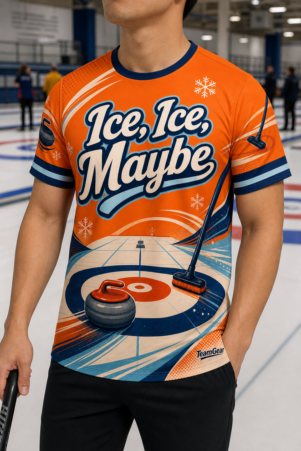 Ice, Ice, Maybe Orange Curling Jersey — custom curling jersey worn on model — TeamGear Canada