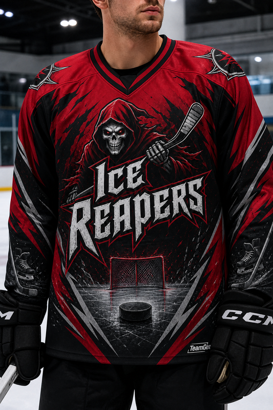 Ice Reapers Crimson Hockey Jersey — custom hockey jersey worn on model — TeamGear Canada