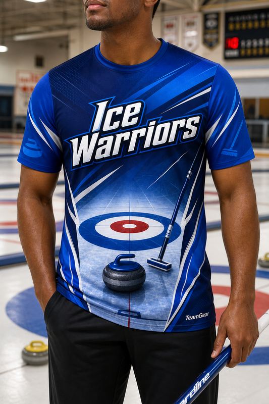 Ice Warriors Blue Curling Jersey — custom curling jersey worn on model — TeamGear Canada