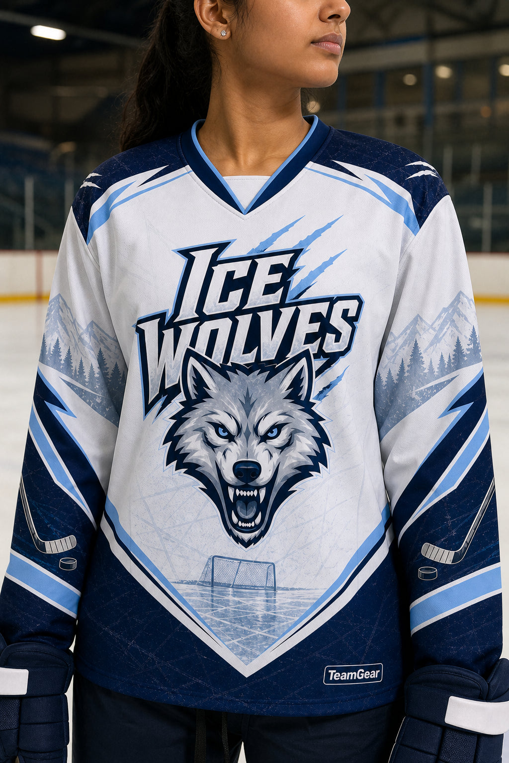 Ice Wolves White Hockey Jersey — custom hockey jersey worn on model — TeamGear Canada