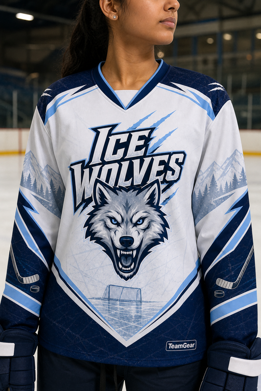 Ice Wolves White Hockey Jersey — custom hockey jersey worn on model — TeamGear Canada