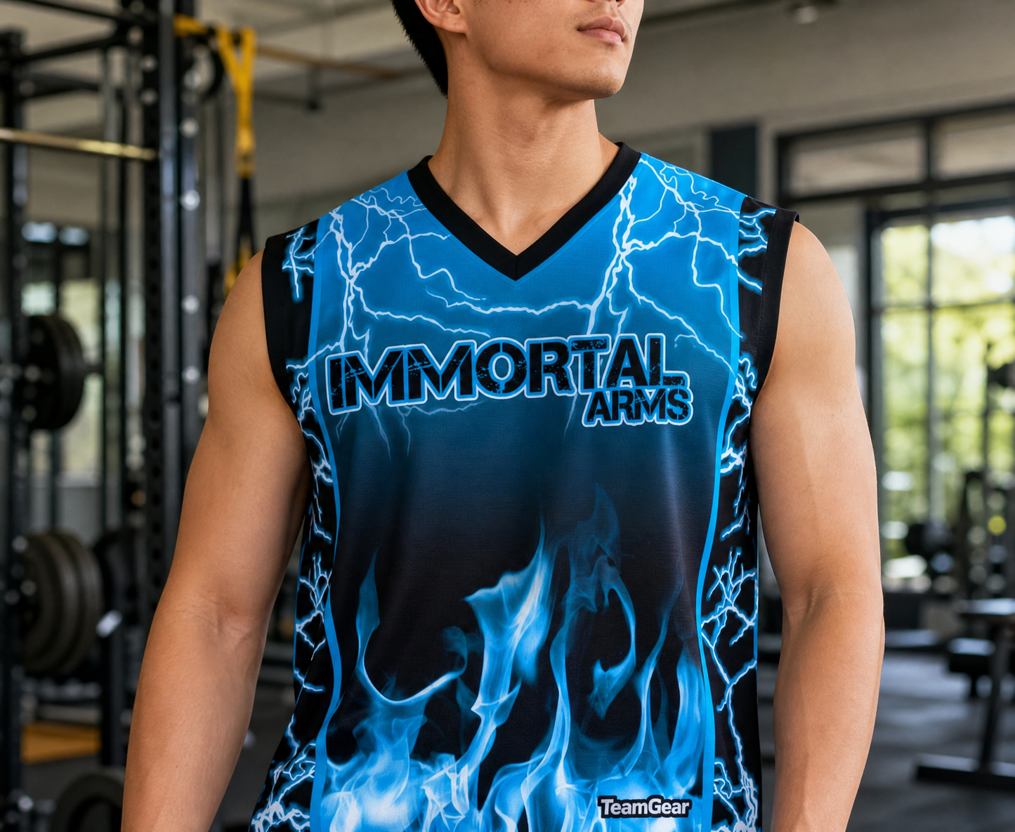 Immortal Arms V-Neck Sleeveless Jersey — custom jersey worn on model — TeamGear Canada