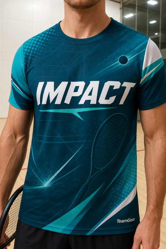 IMPACT Teal Racquetball Jersey — custom racquetball jersey worn on model — TeamGear Canada