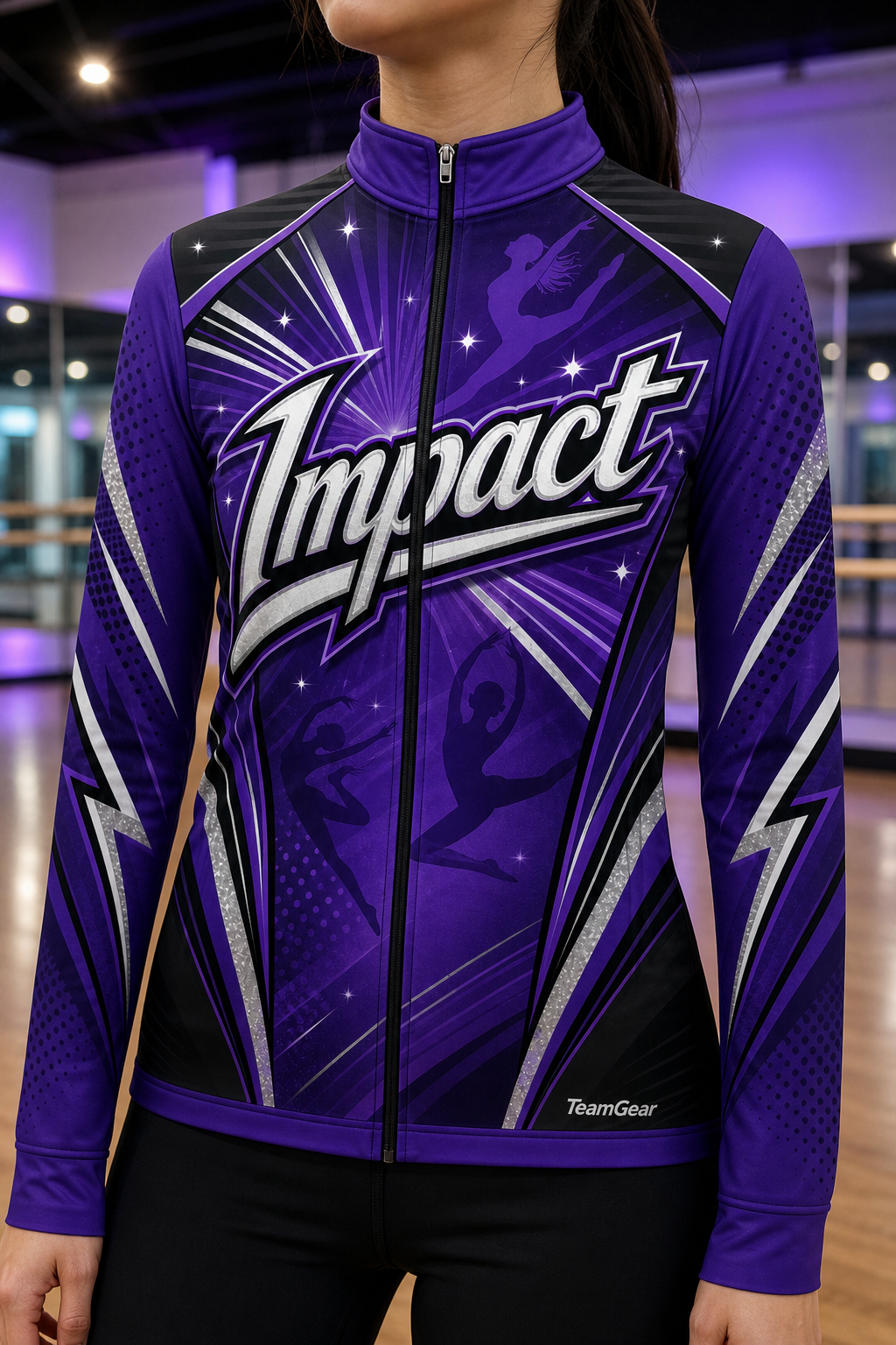 Impact Purple Dance Jacket — custom dance jacket worn on model — TeamGear Canada