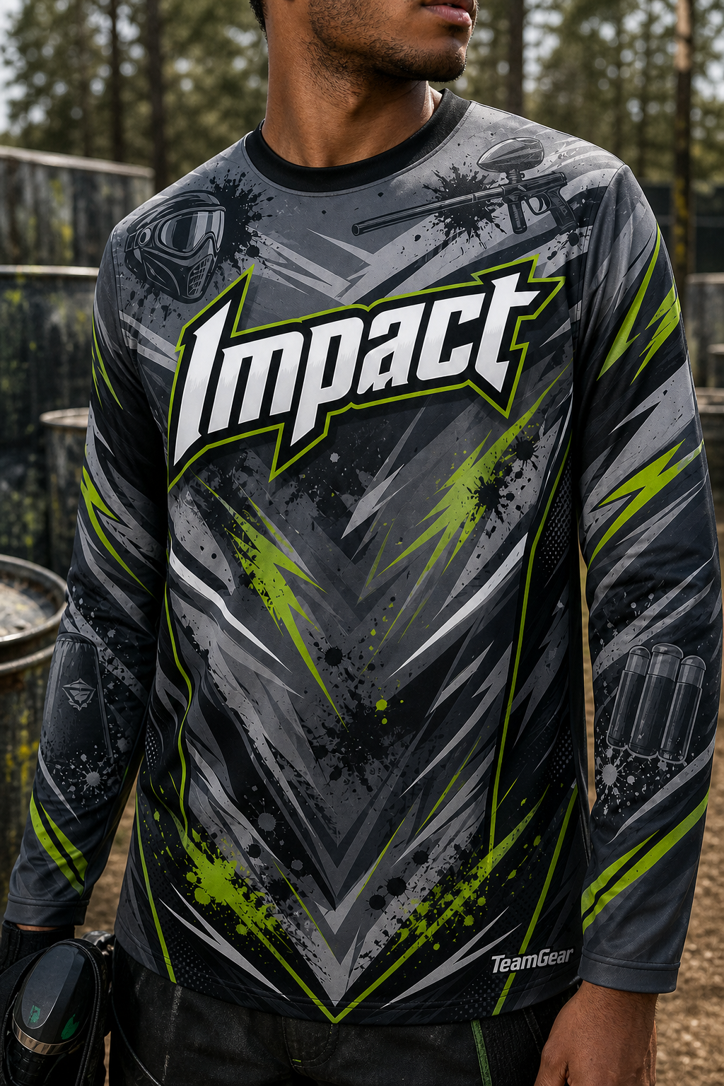 Impact Grey Long Sleeve Paintball Jersey — custom paintball jersey worn on model — TeamGear Canada