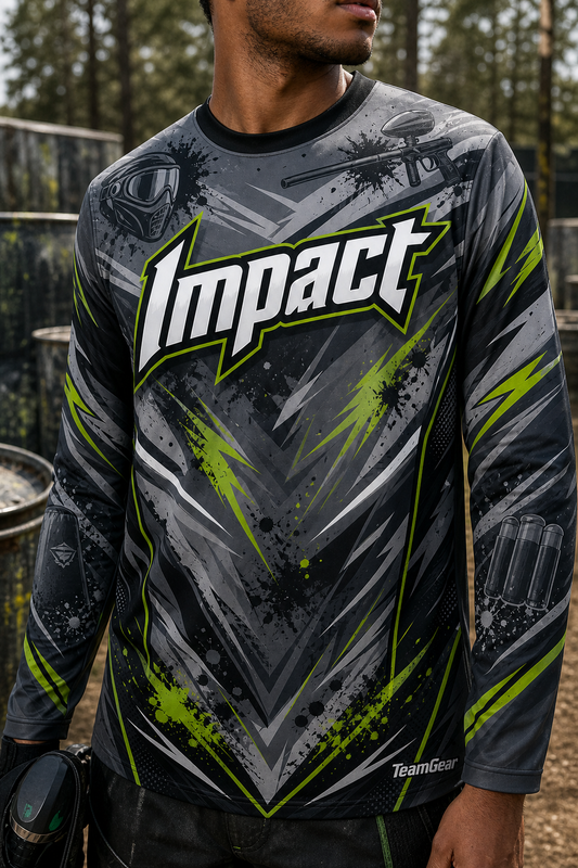 Impact Grey Long Sleeve Paintball Jersey — custom paintball jersey worn on model — TeamGear Canada