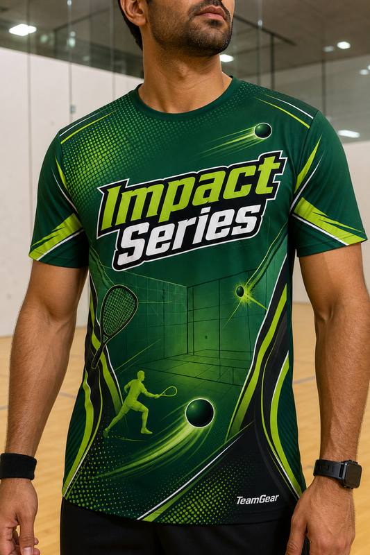 Impact Series Green Racquetball Jersey — custom racquetball jersey worn on model — TeamGear Canada