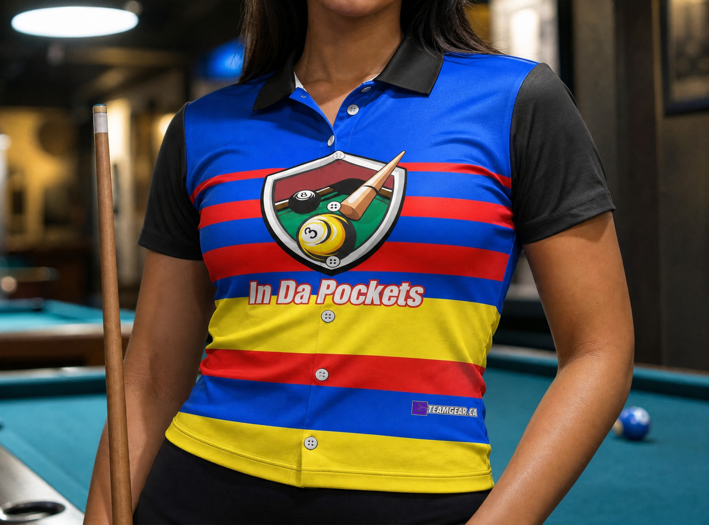 In Da Pockets Pool Billiards Jersey — custom billiards jersey worn on model — TeamGear Canada