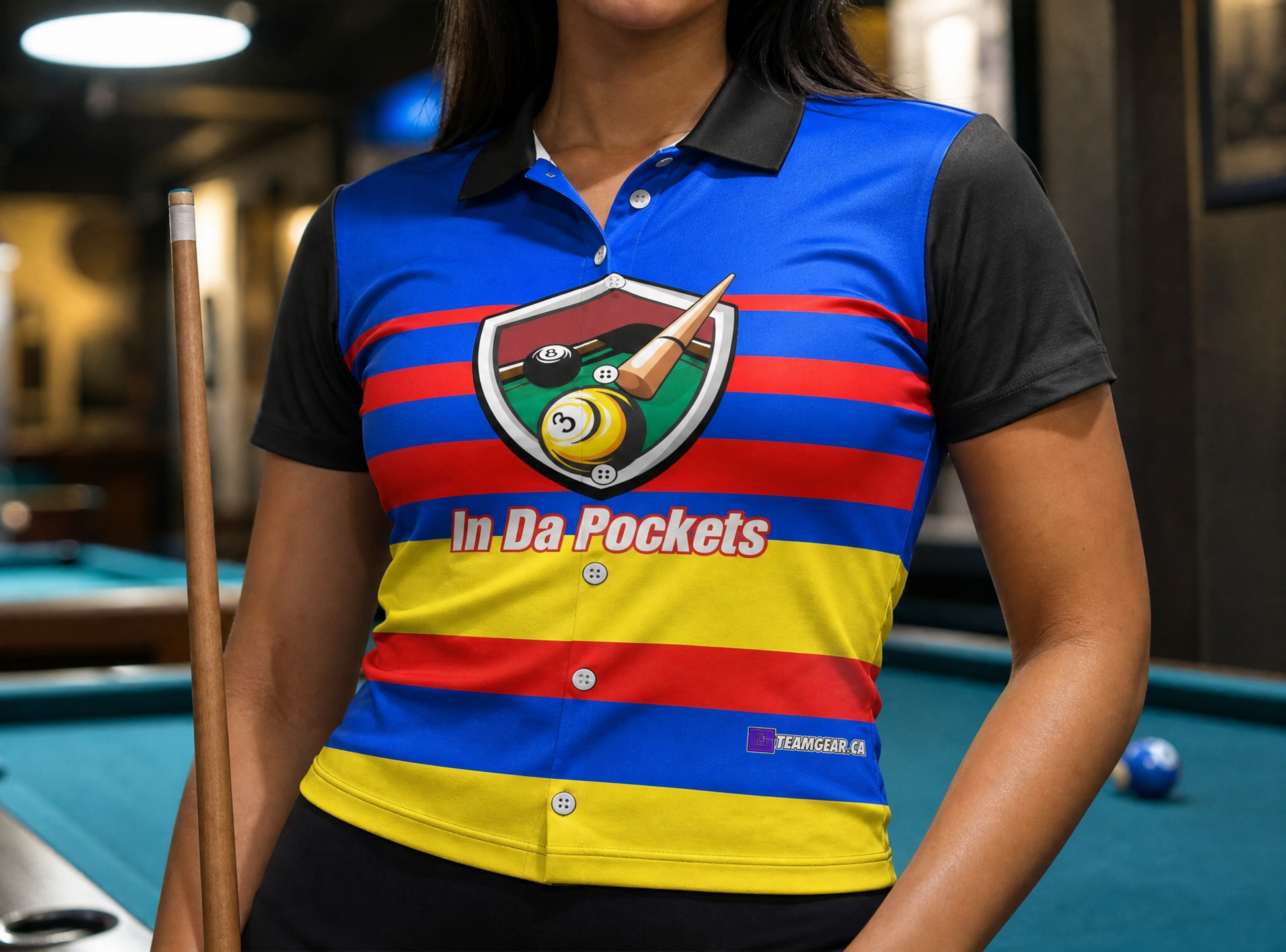 In Da Pockets Pool Billiards Jersey — custom billiards jersey worn on model — TeamGear Canada