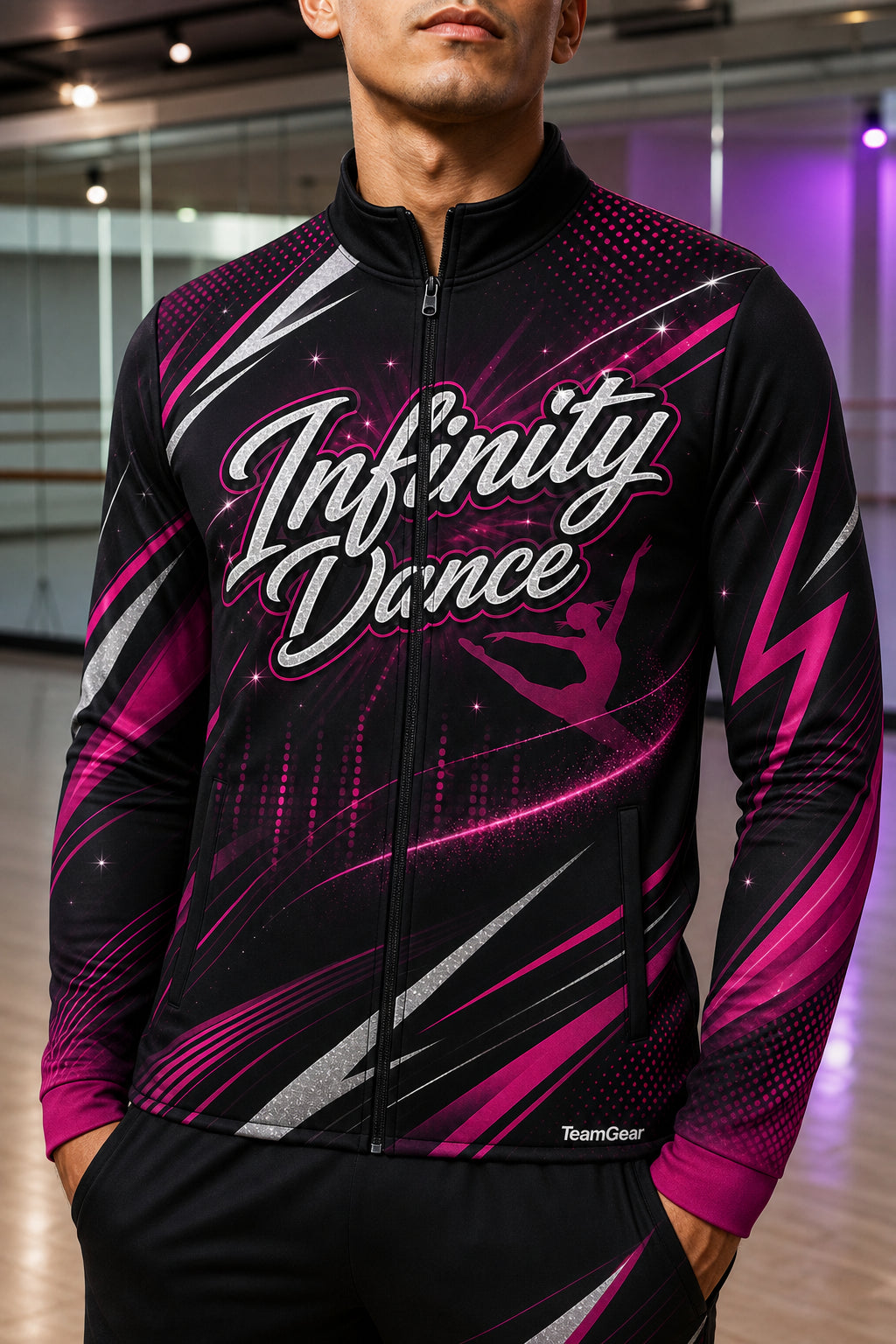 Infinity Dance Black Dance Jacket — custom dance jacket worn on model — TeamGear Canada