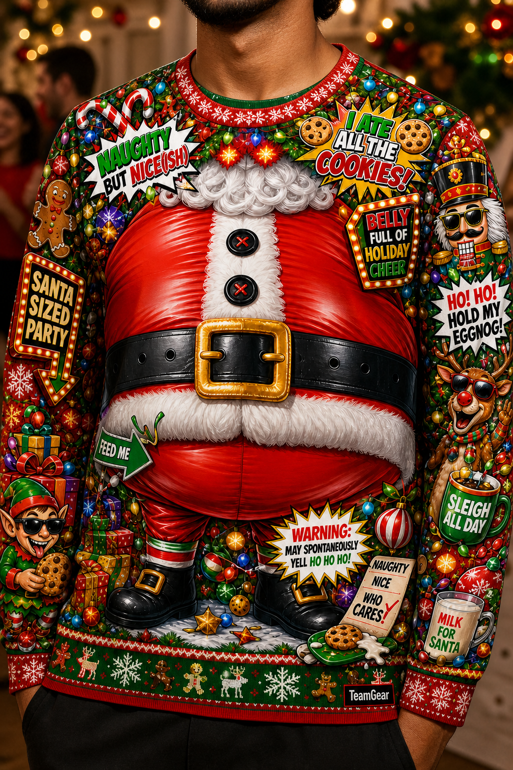 Inflatable Santa Belly Ugly Christmas Sweater — custom christmas team apparel worn on model — TeamGear Canada
